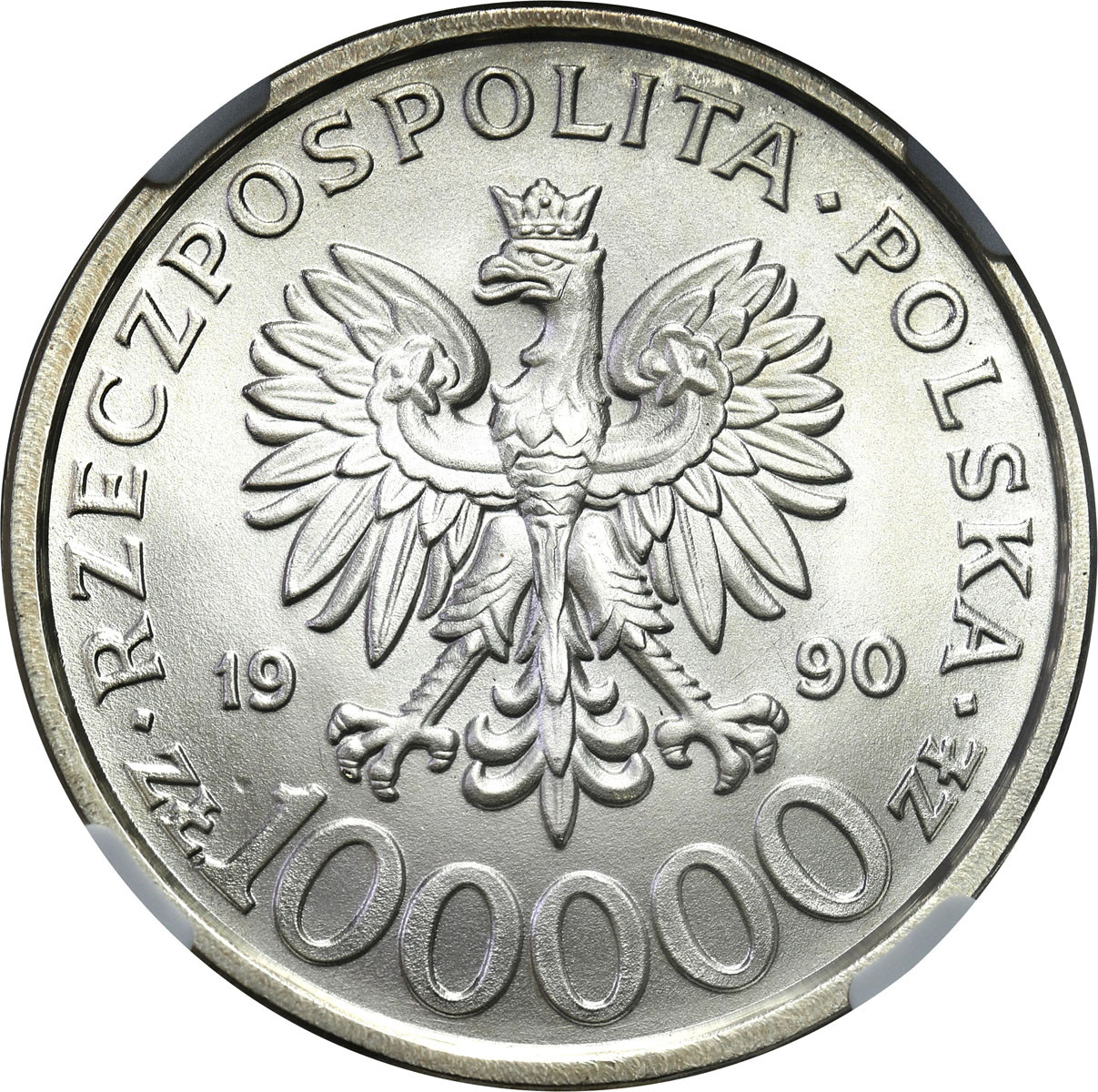 III RP. 100 000 złotych 1990 Solidarność typ B NGC MS66 – Rzadkie